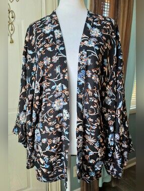 Sim & Sam Boho Floral Lightweight Kimono Cardigan Womens XS Black Rust Blue